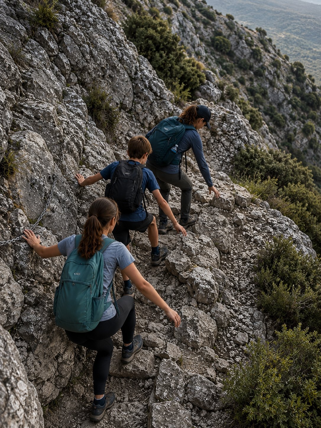 Family descending carefully through the technical zone of La Concha