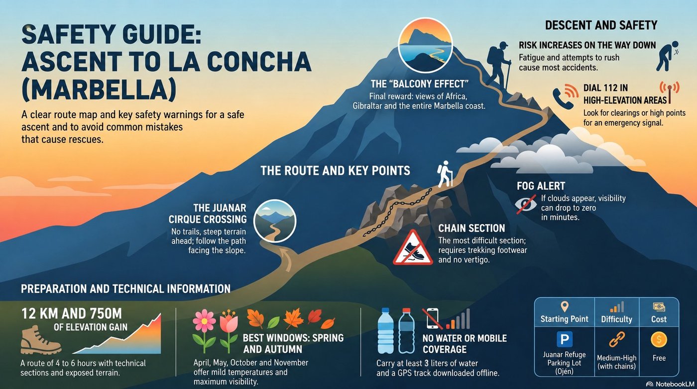 Safety guide infographic for hiking La Concha in Marbella: route, key points, technical data and tips