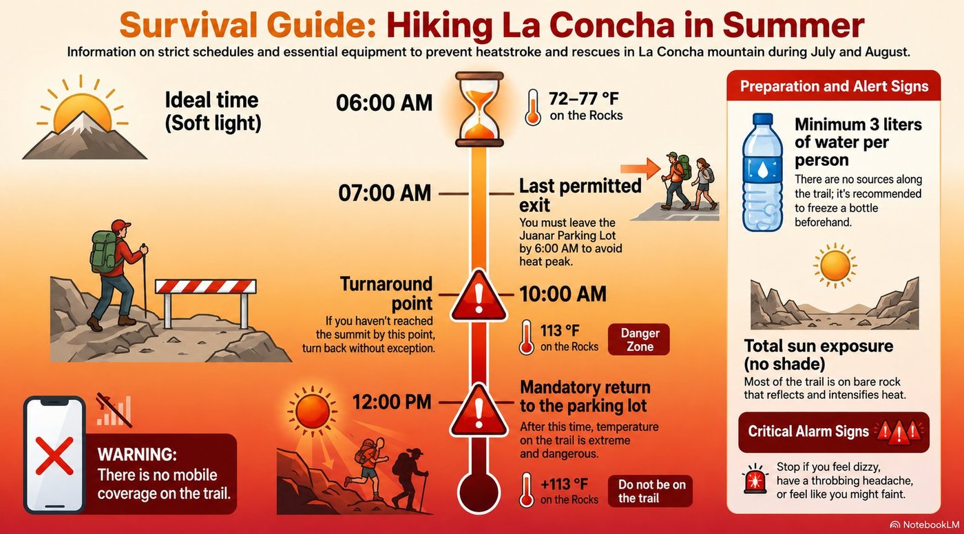 Survival guide infographic for hiking La Concha in summer: timing, temperatures, water and warning signs