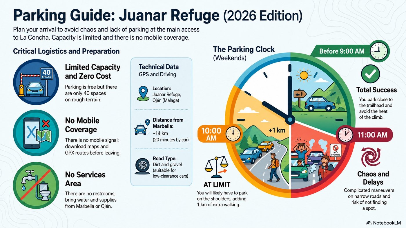 Refugio de Juanar parking infographic: capacity, opening times, GPS data and saturation clock