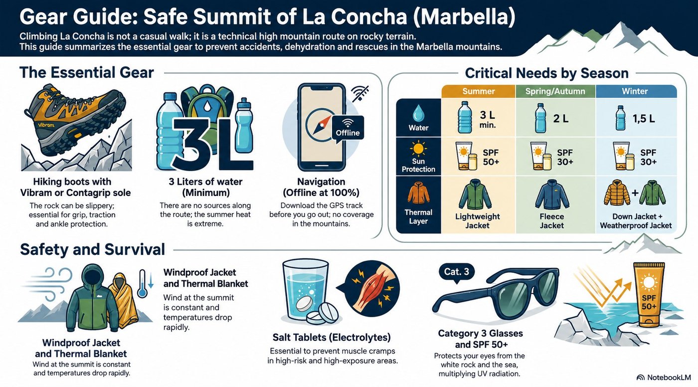 Gear guide infographic for hiking La Concha in Marbella: boots, water, thermal layers and seasonal needs