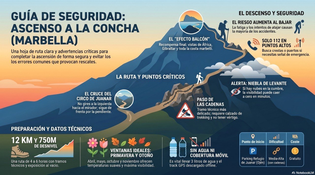 Infografía guía de seguridad para subir La Concha en Marbella: ruta, puntos críticos, datos técnicos y consejos