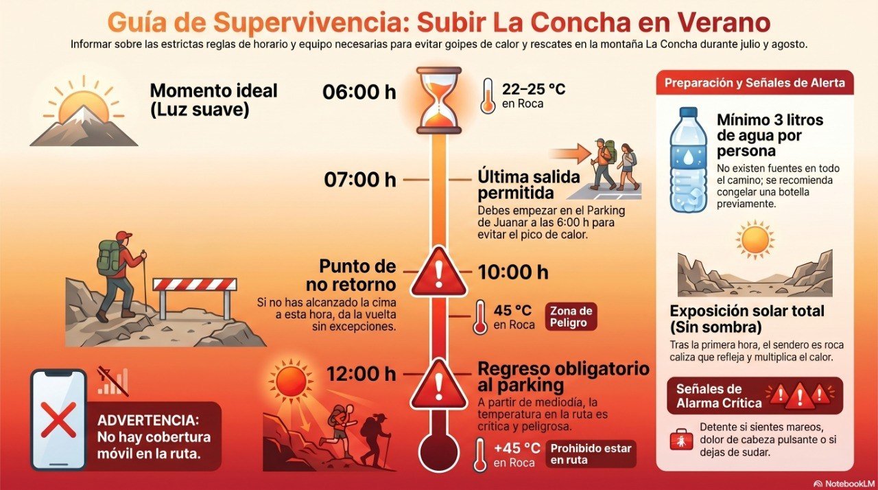 Infografía guía de supervivencia para subir La Concha en verano: horarios, temperatura, agua y señales de alarma