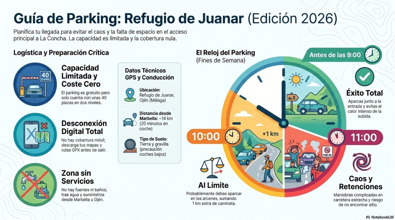 Infografía guía del parking Refugio de Juanar: capacidad, horarios, datos técnicos GPS y reloj de saturación