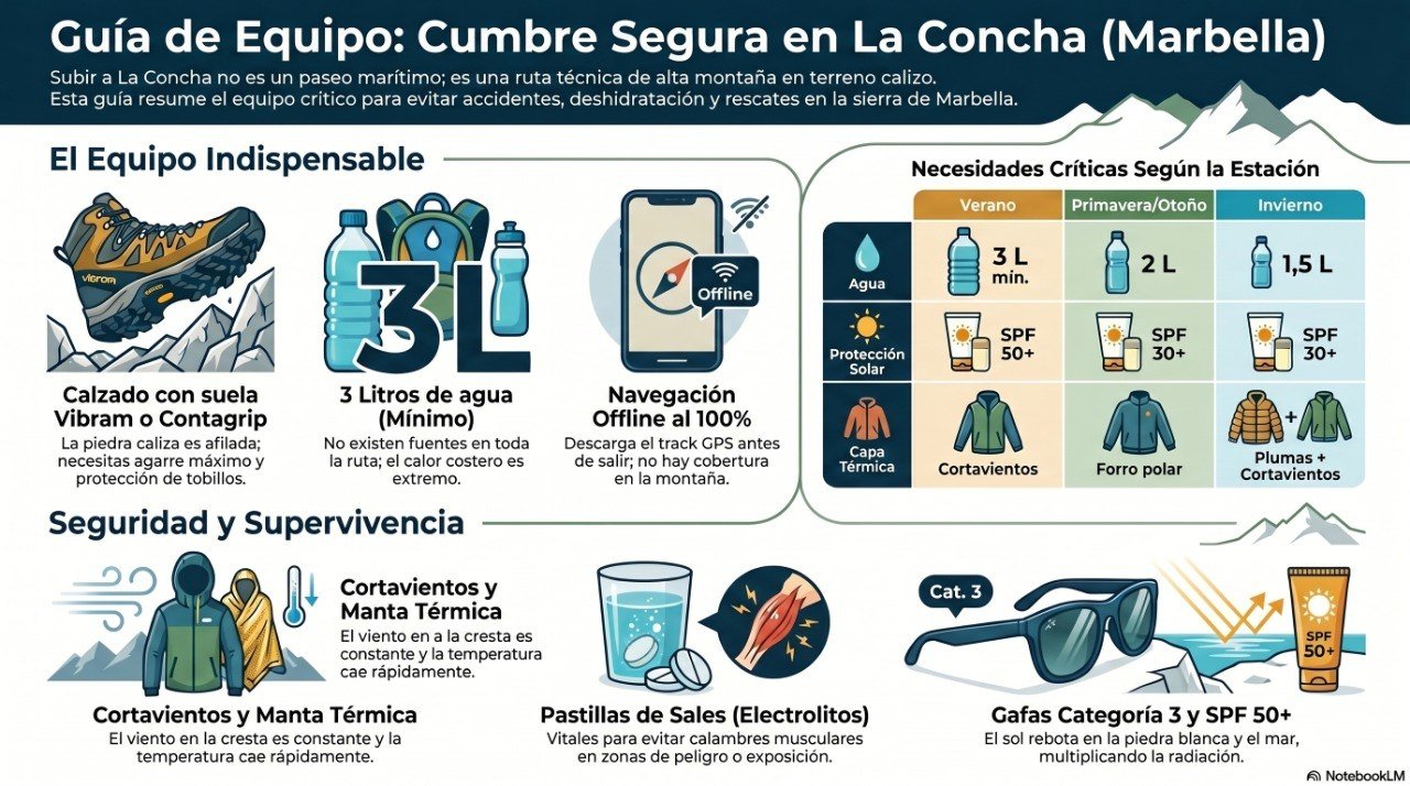 Infografía guía de equipo para subir La Concha en Marbella: calzado, agua, capas térmicas y necesidades por temporada