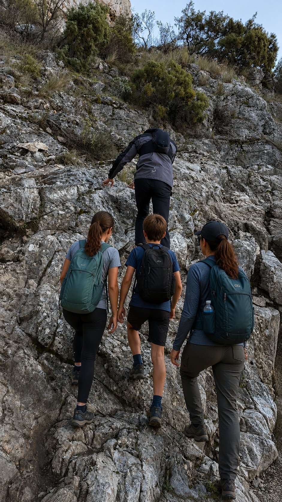 Family crossing the Wolf Jump on La Concha with a child in the centre
